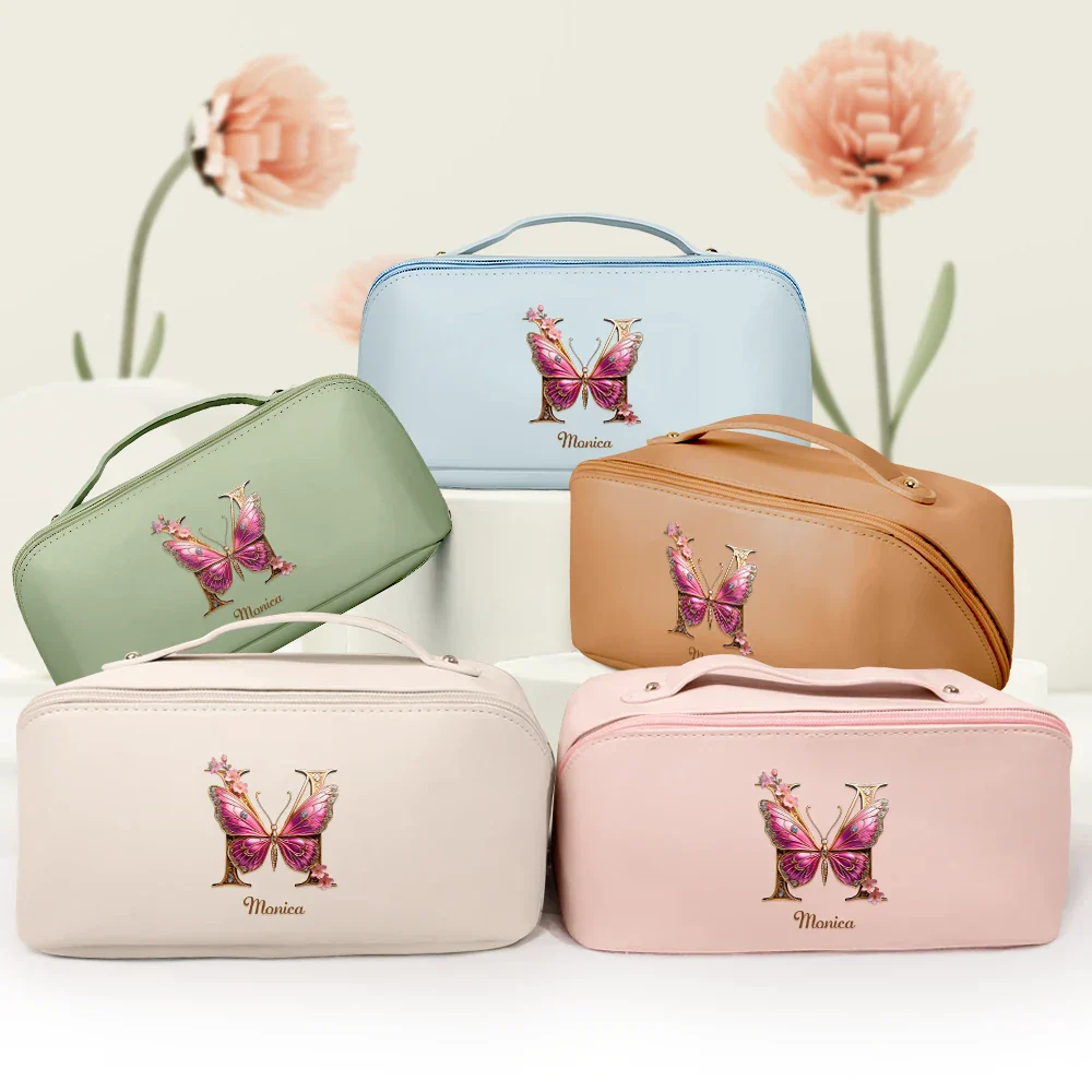 Flower Butterfly Monogram - Personalized Leather Makeup Bag - Image 3