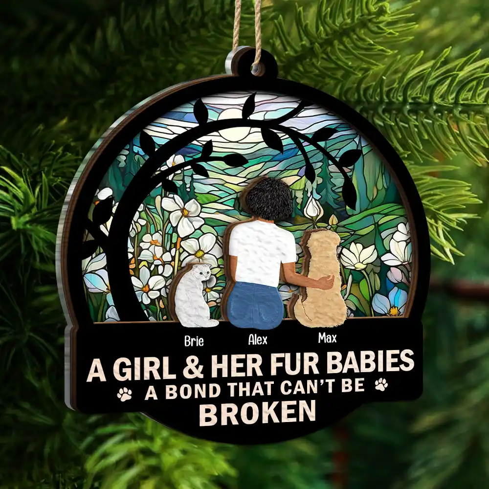 Flower Field A Girl And Her Dog And Cat - Personalized 2-Layered Mix Ornament - Image 5