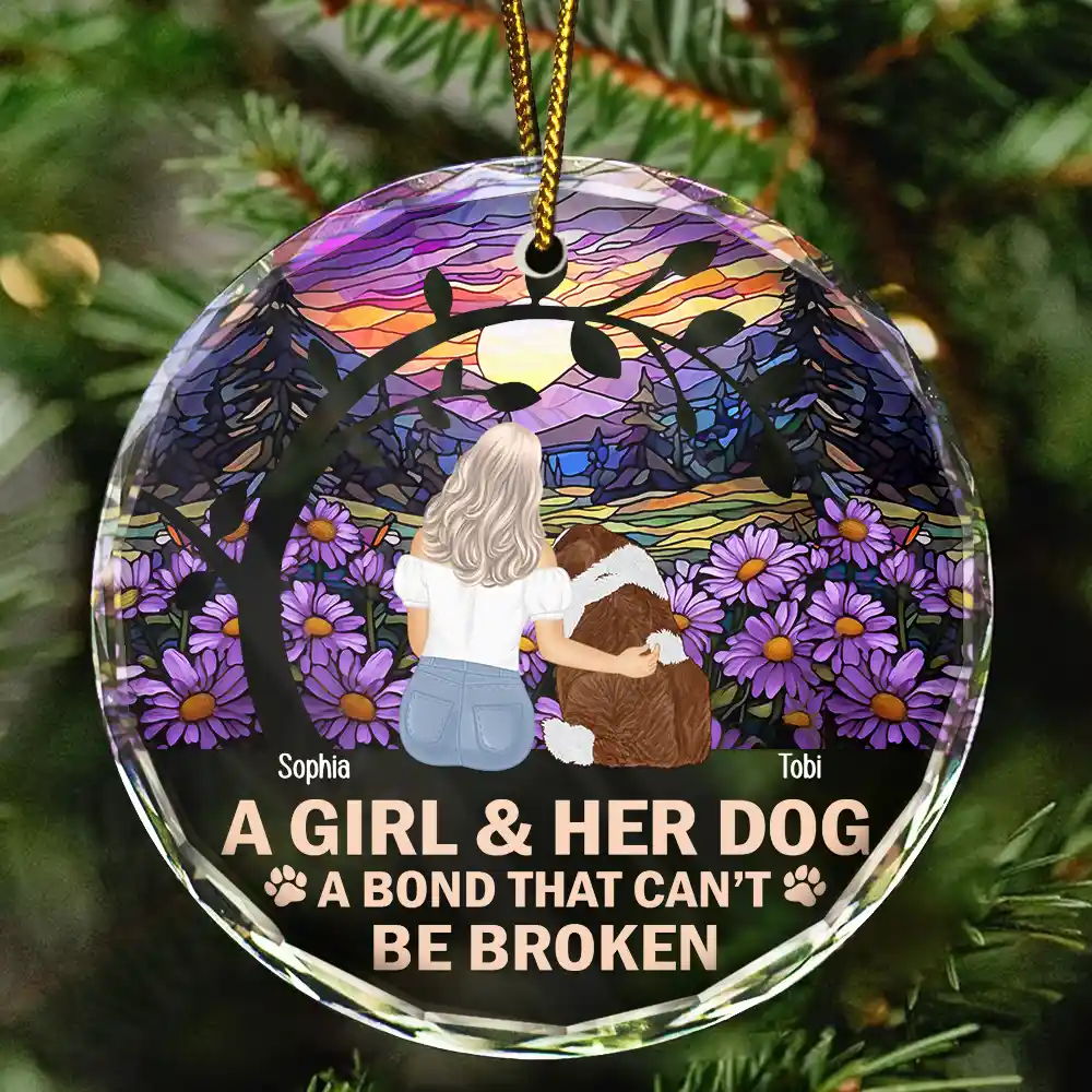 Flower Field A Girl And Her Dog And Cat - Personalized Circle Glass Ornament - Image 2