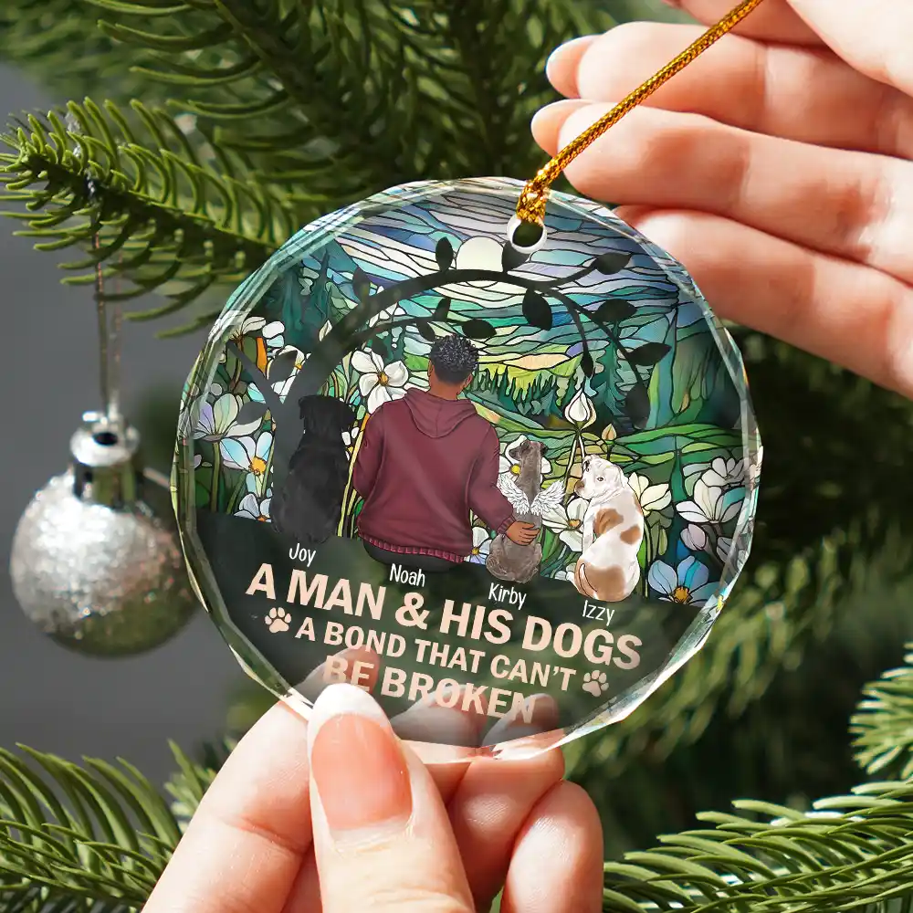 Flower Field A Girl And Her Dog And Cat - Personalized Circle Glass Ornament - Image 3