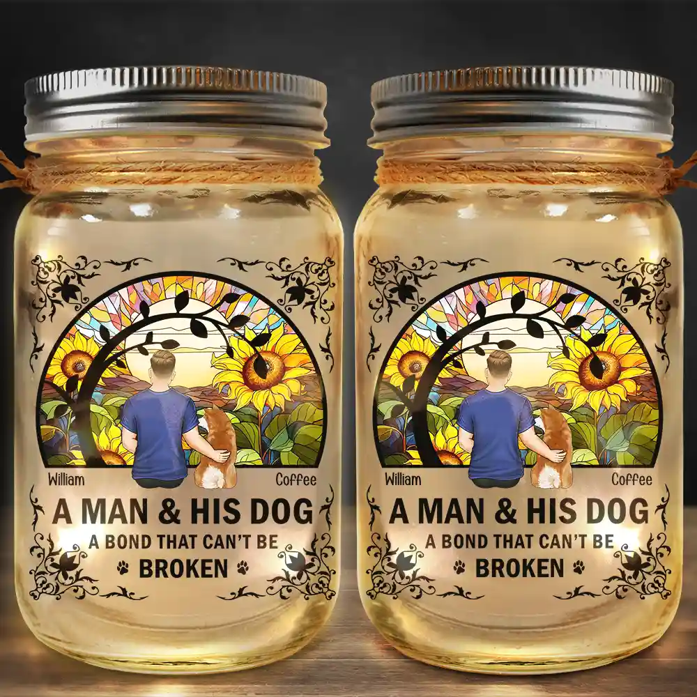 Flower Field A Girl And Her Dog And Cat - Personalized Mason Jar Light - Image 2