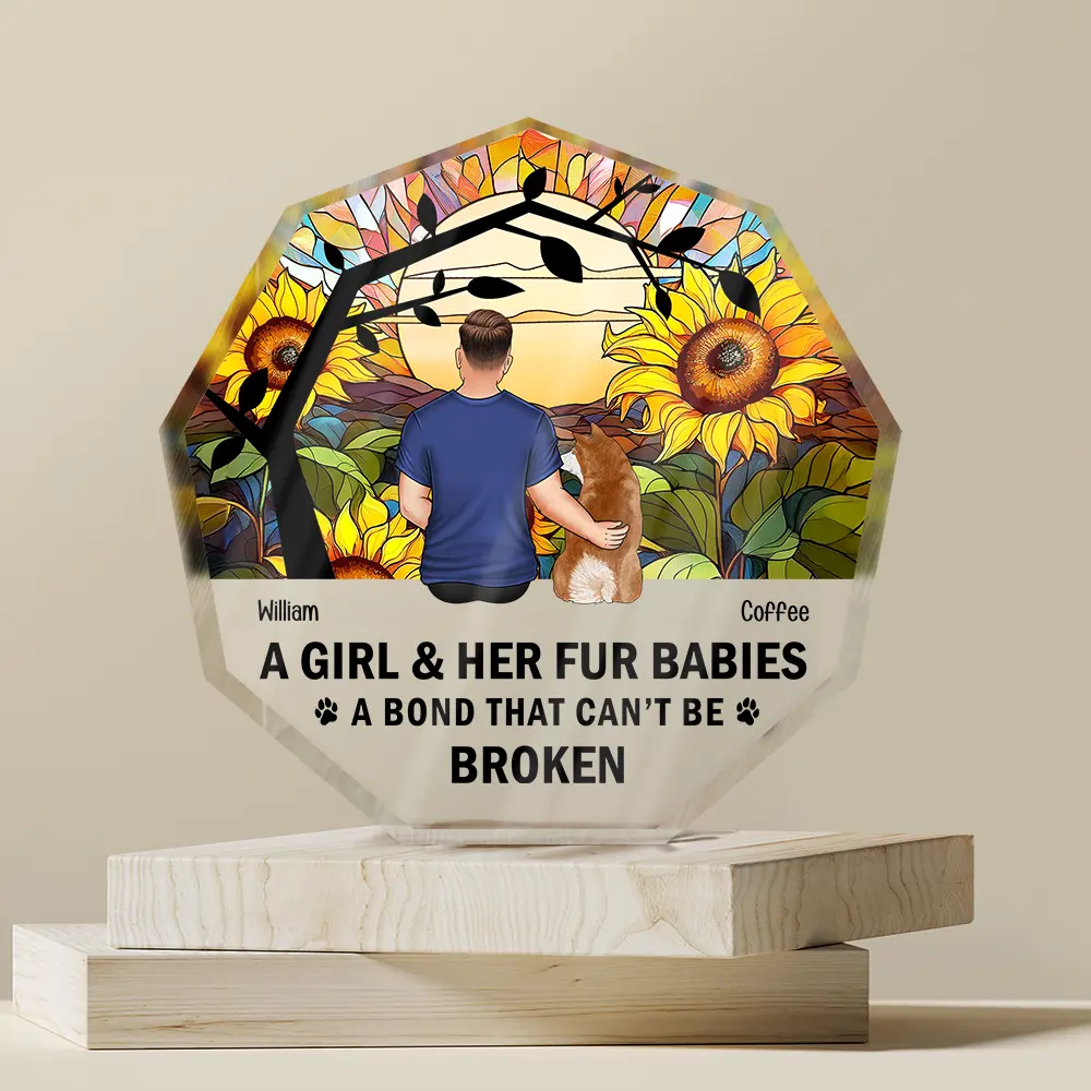 Flower Field A Girl And Her Dog And Cat - Personalized Nonagon Shaped Acrylic Plaque - Image 4
