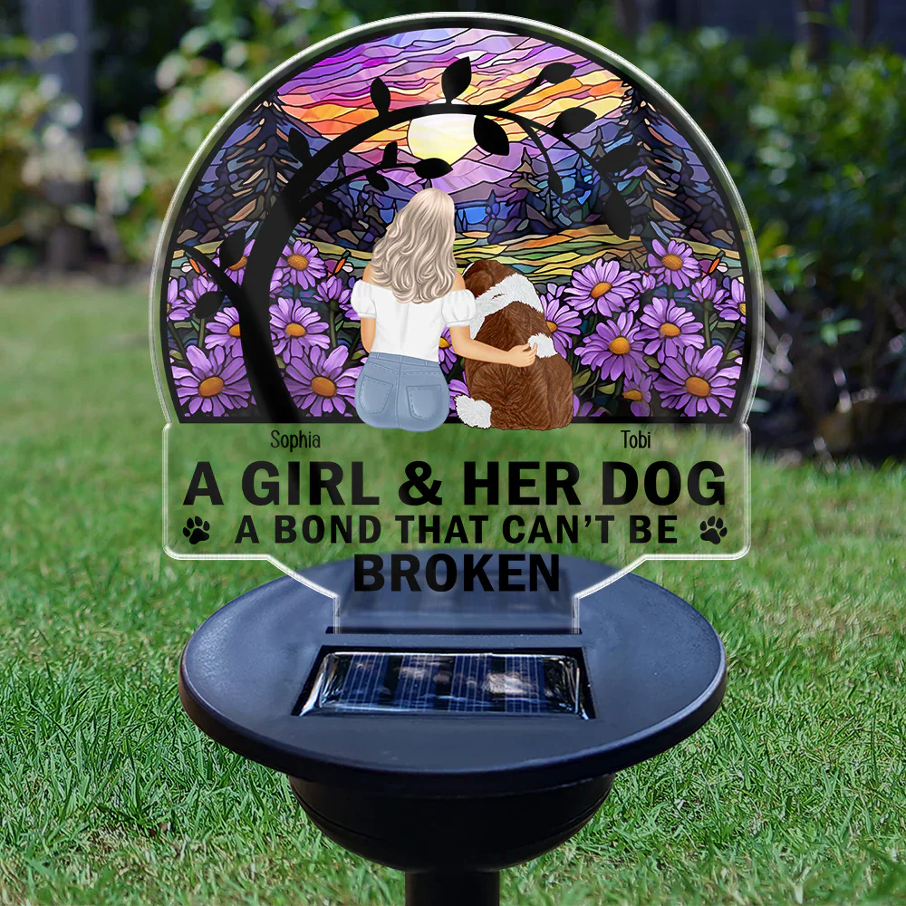 Flower Field A Girl And Her Dog And Cat - Personalized Solar Light - Image 2