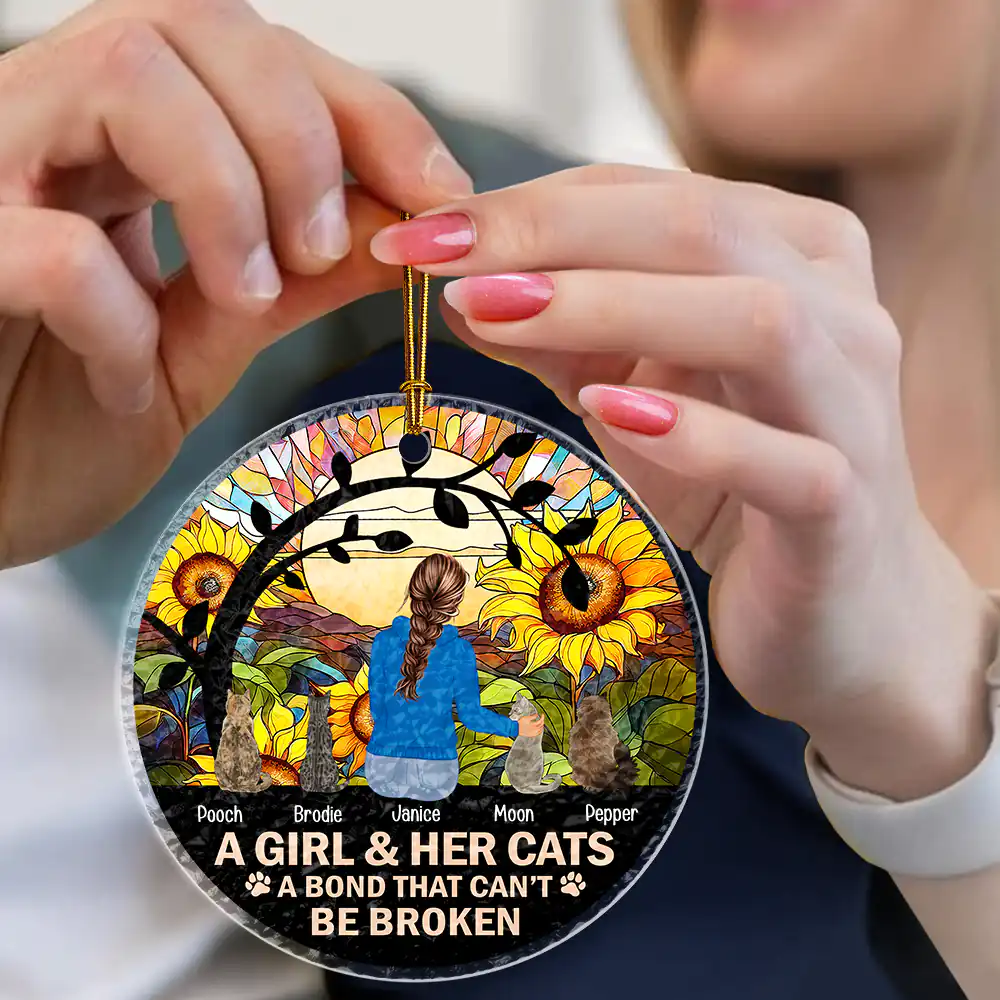 Flower Field A Girl And Her Dog And Cat - Personalized Stained Glass Ornament - Image 5