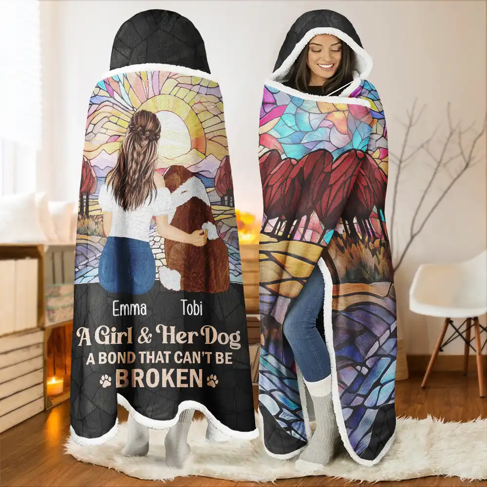 Flower Field A Girl And Her Dog Cat - Personalized Wearable Hooded Blanket - Image 2