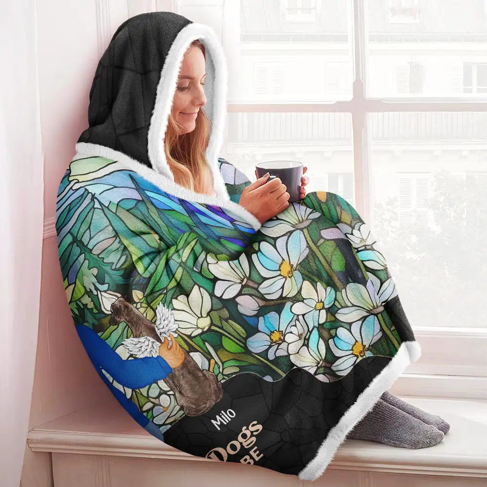 Flower Field A Girl And Her Dog Cat - Personalized Wearable Hooded Blanket - Image 3