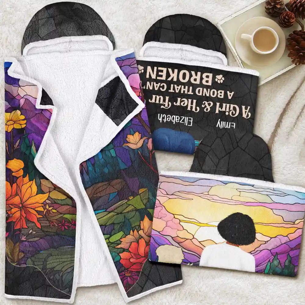 Flower Field A Girl And Her Dog Cat - Personalized Wearable Hooded Blanket - Image 4