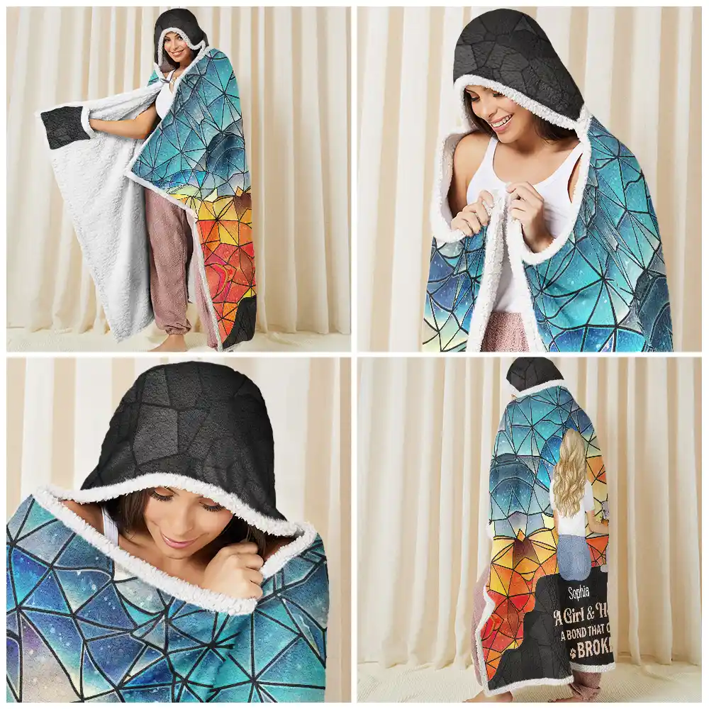 Flower Field A Girl And Her Dog Cat - Personalized Wearable Hooded Blanket - Image 6