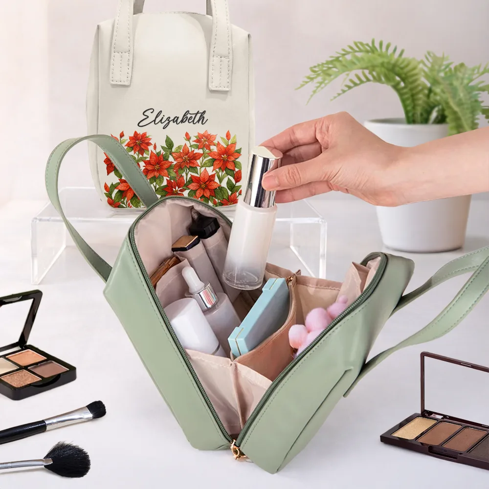 Flower Field Birth Month Flower & Name - Personalized Leather Makeup Bag With Handle - Image 3