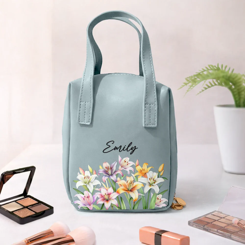 Flower Field Birth Month Flower & Name - Personalized Leather Makeup Bag With Handle - Image 4