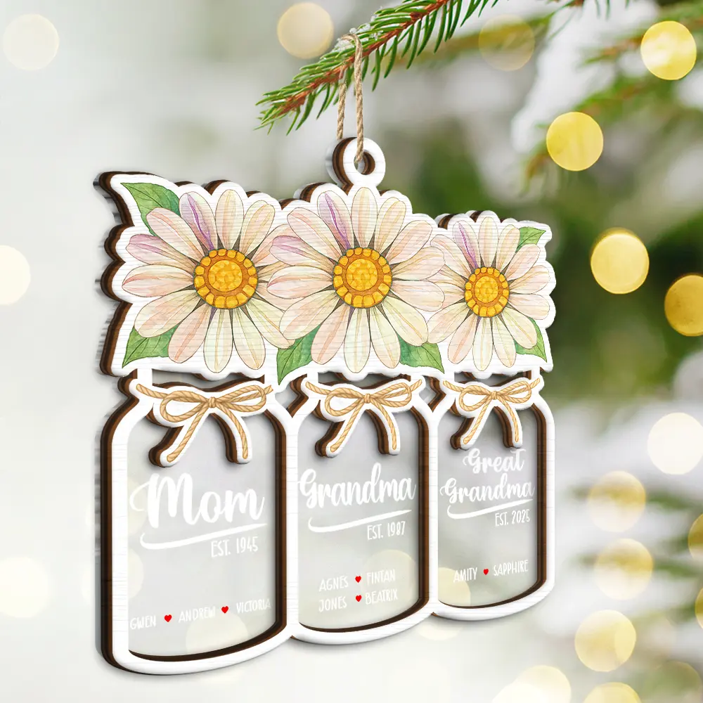 Flower Mason Jar Mom Grandma Great Grandma - Personalized 2-Layered Mix Ornament - Image 3