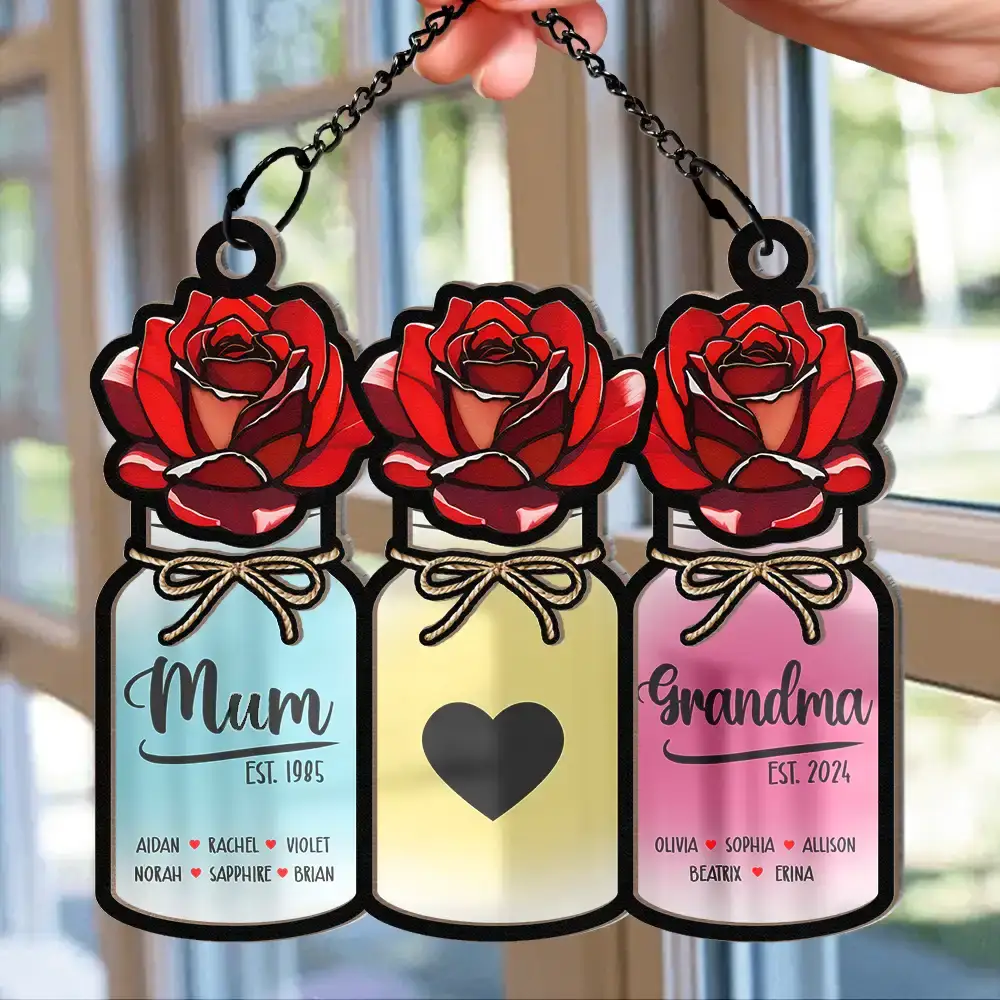Flower Mason Jar Mom Grandma Great Grandma - Personalized Window Hanging Suncatcher Ornament - Image 2
