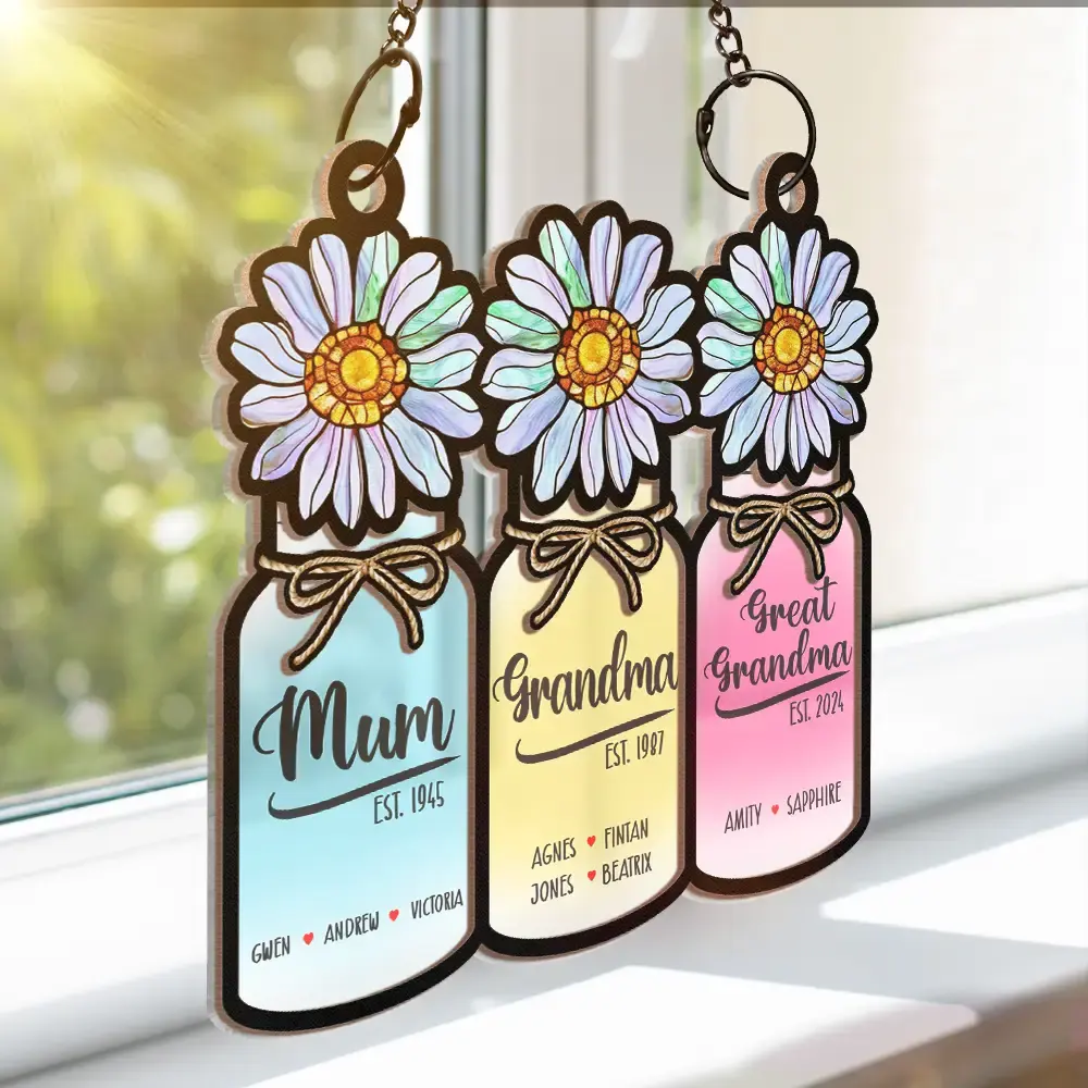 Flower Mason Jar Mom Grandma Great Grandma - Personalized Window Hanging Suncatcher Ornament - Image 3