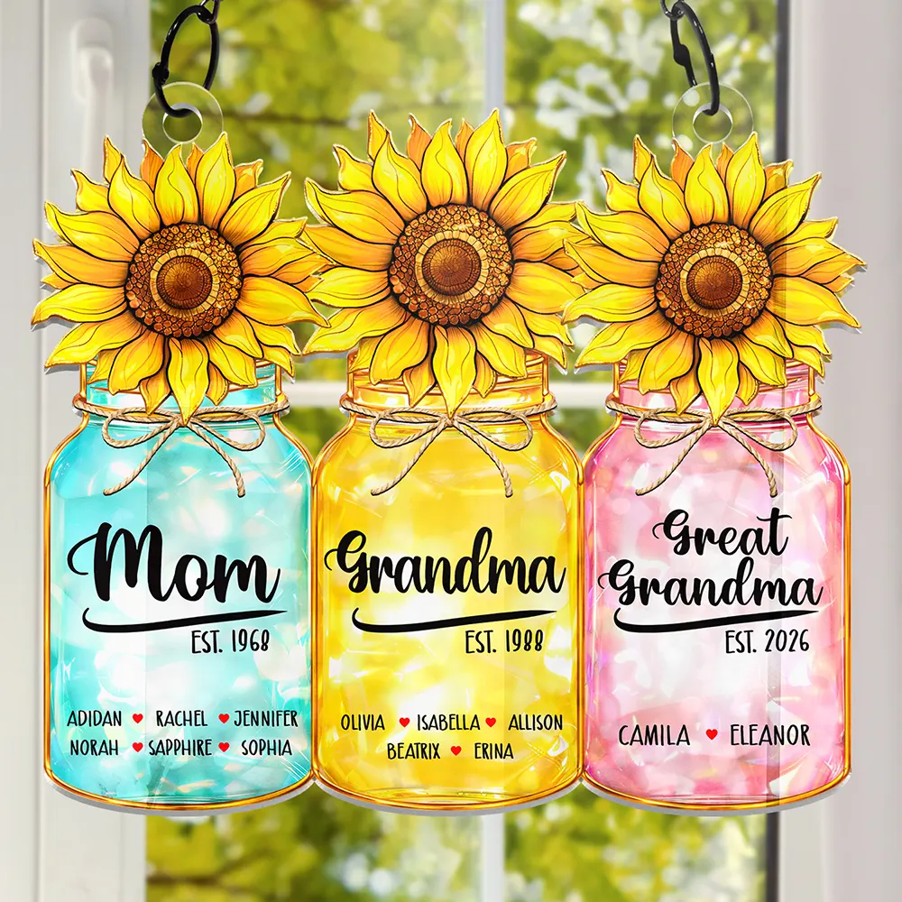 Flower Mason Jar Mom Grandma Stained Glass Effect - Personalized Window Hanging Suncatcher Ornament