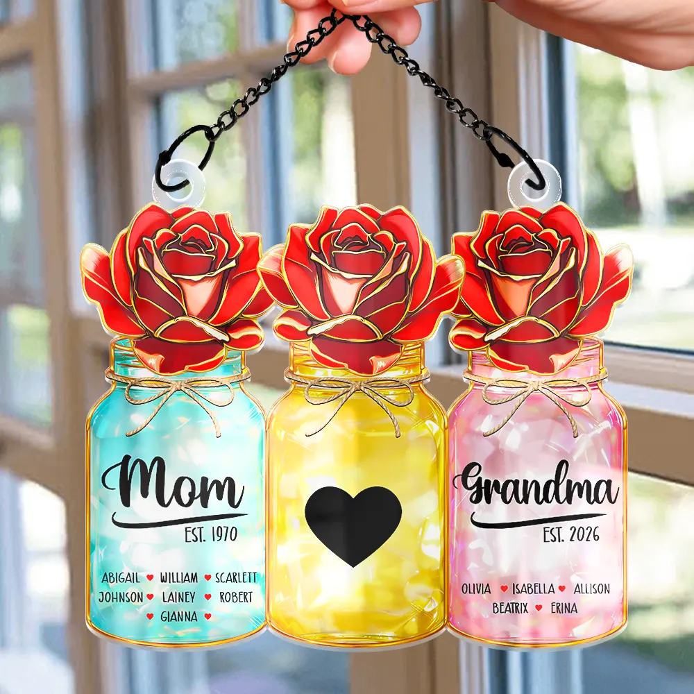 Flower Mason Jar Mom Grandma Stained Glass Effect - Personalized Window Hanging Suncatcher Ornament - Image 2