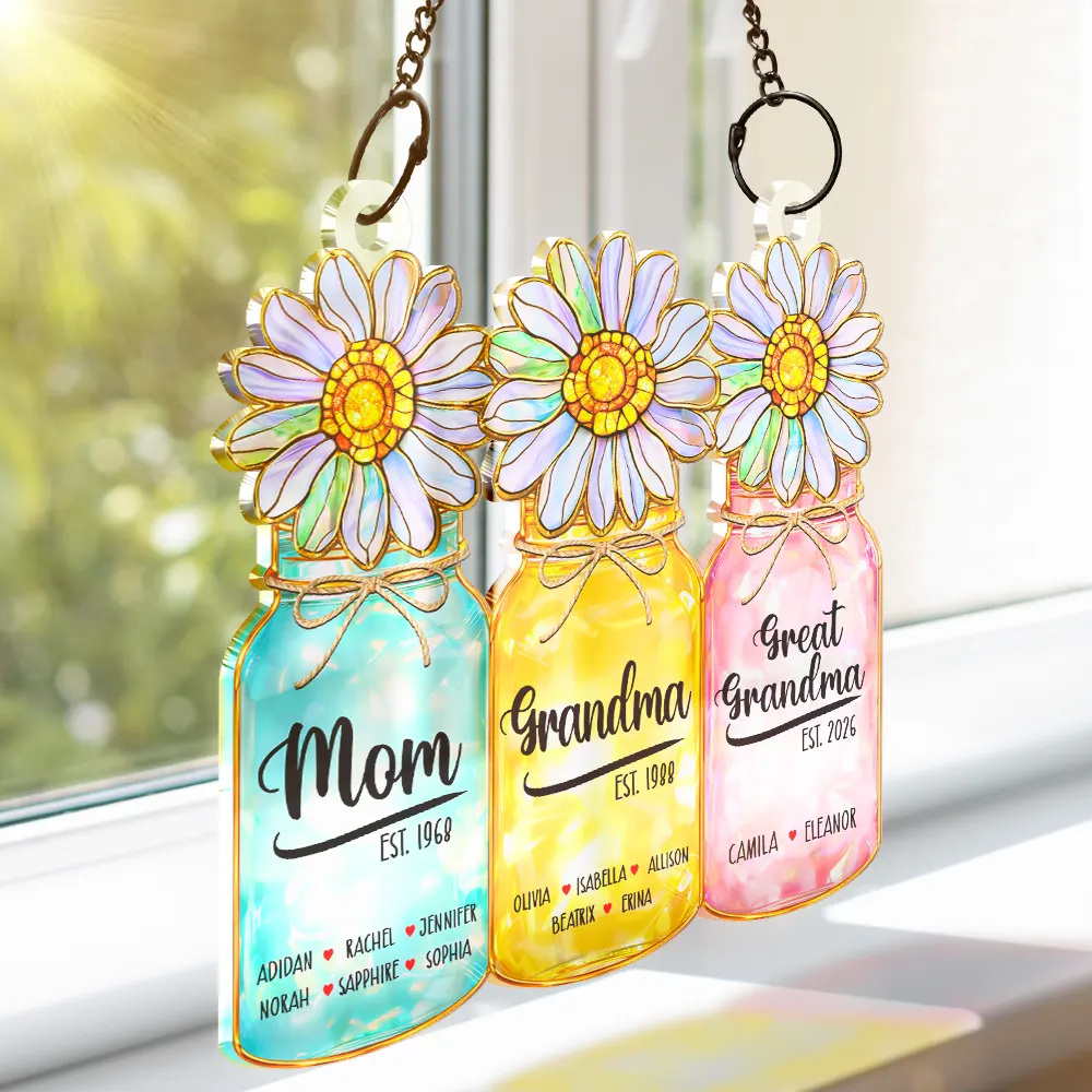 Flower Mason Jar Mom Grandma Stained Glass Effect - Personalized Window Hanging Suncatcher Ornament - Image 3