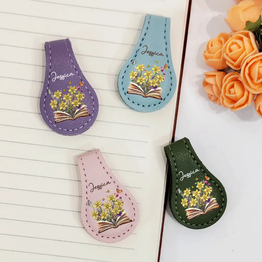 Flowers Growing From Book, Birth Month Flowers - Personalized Circle Leather Magnetic Bookmark - Image 2