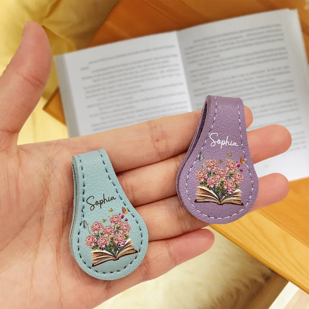 Flowers Growing From Book, Birth Month Flowers - Personalized Circle Leather Magnetic Bookmark - Image 3