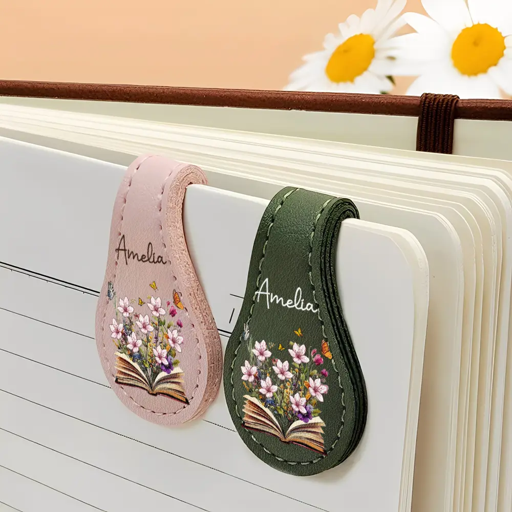 Flowers Growing From Book, Birth Month Flowers - Personalized Circle Leather Magnetic Bookmark - Image 4
