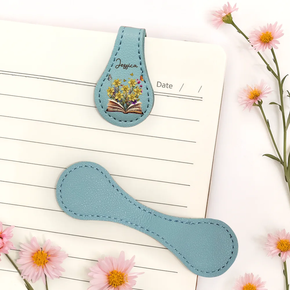 Flowers Growing From Book, Birth Month Flowers - Personalized Circle Leather Magnetic Bookmark - Image 5