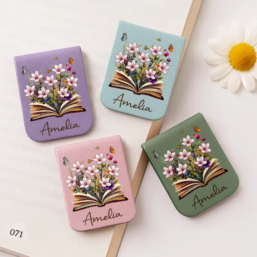 Flowers Growing From Book, Birth Month Flowers - Personalized Leather Magnetic Bookmark - Image 2
