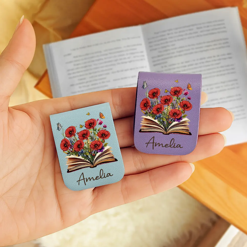 Flowers Growing From Book, Birth Month Flowers - Personalized Leather Magnetic Bookmark - Image 3