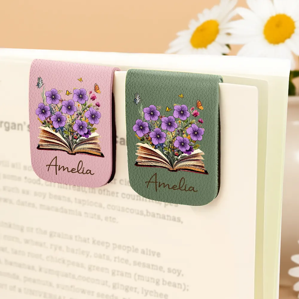Flowers Growing From Book, Birth Month Flowers - Personalized Leather Magnetic Bookmark - Image 4