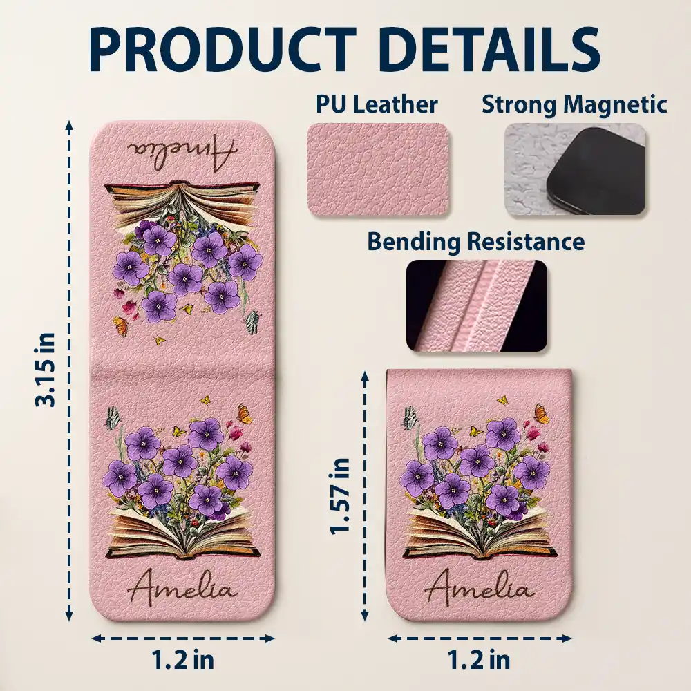 Flowers Growing From Book, Birth Month Flowers - Personalized Leather Magnetic Bookmark - Image 6