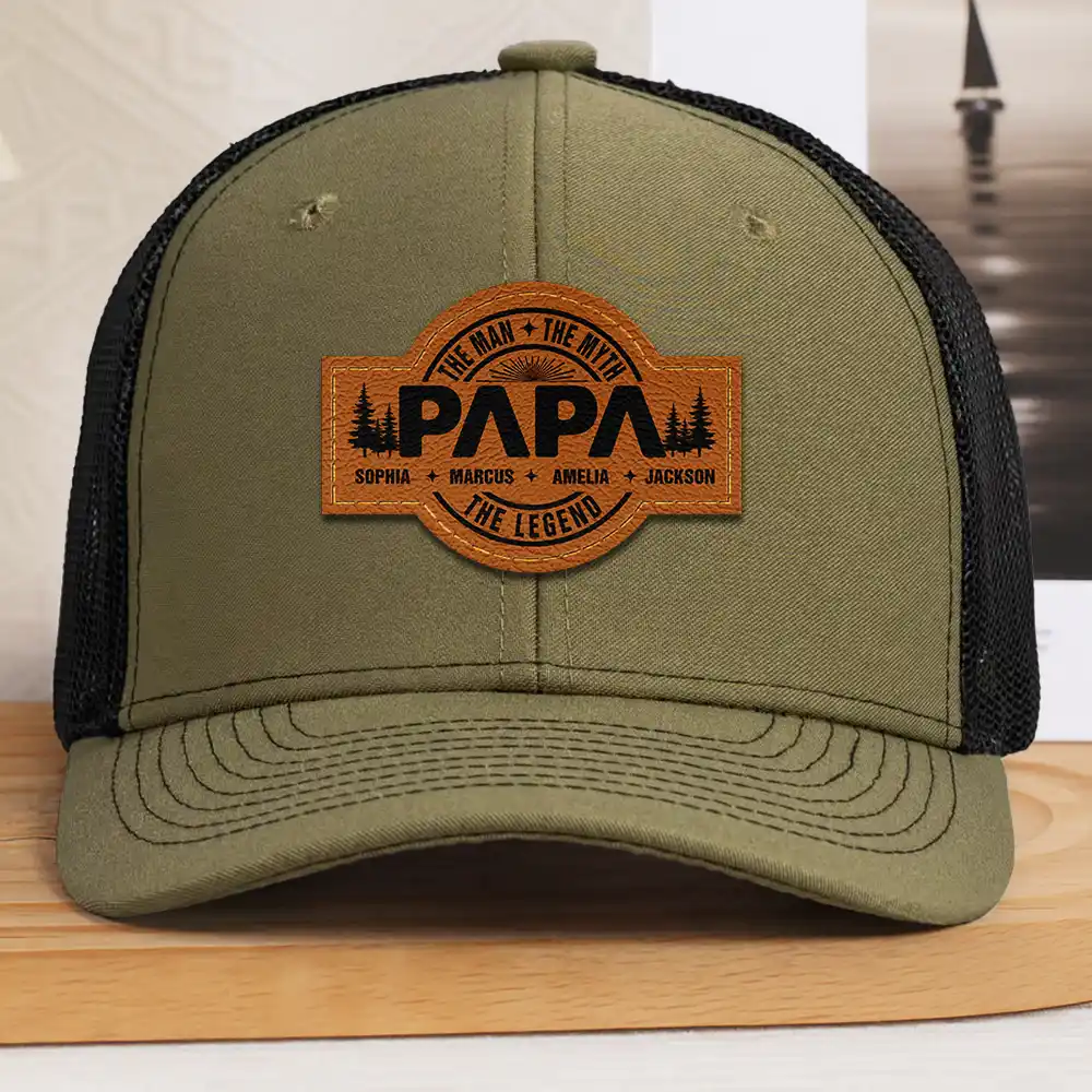 Forest Cool Dad Papa Grandpa The Man The Myth The Legend - Personalized Leather Patch Hat - Image 2