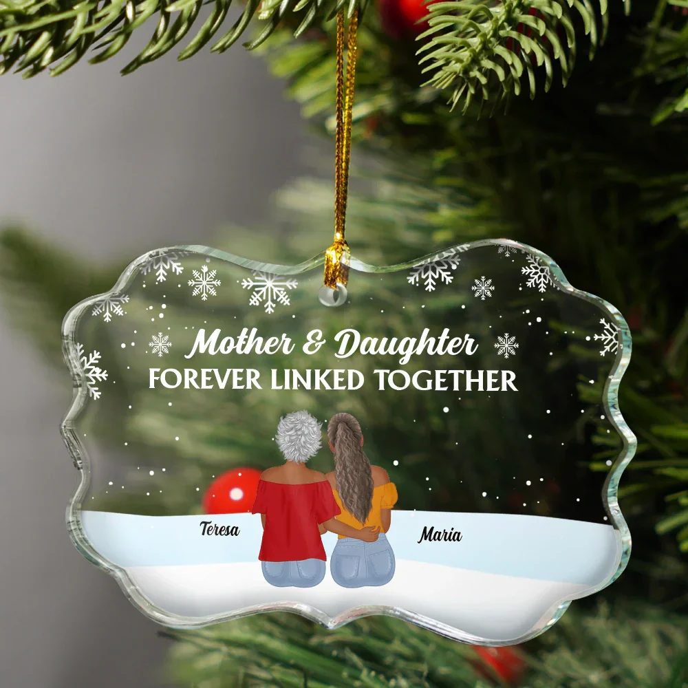 Forever Linked Together Mother Daughters - Personalized Medallion Glass Ornament - Image 3