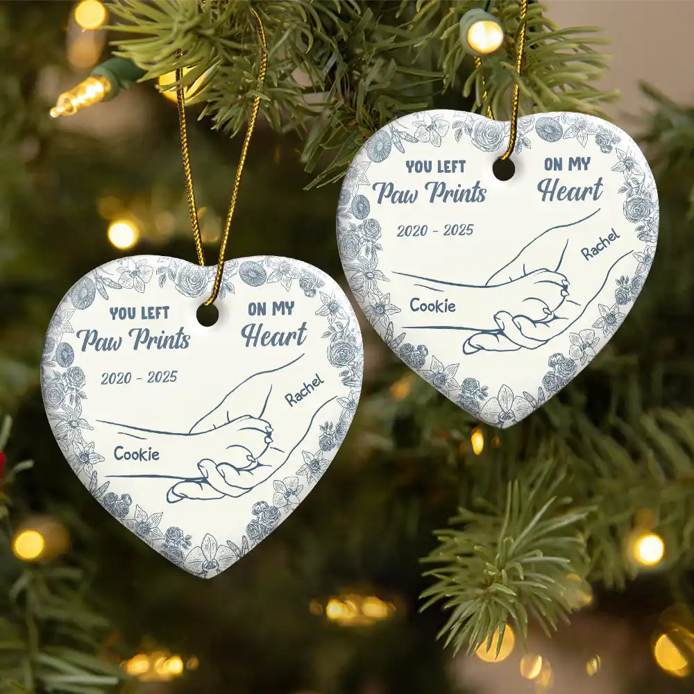 Forever Loved Hand In Paw Toile Style - Personalized Heart Ceramic Ornament - Image 2