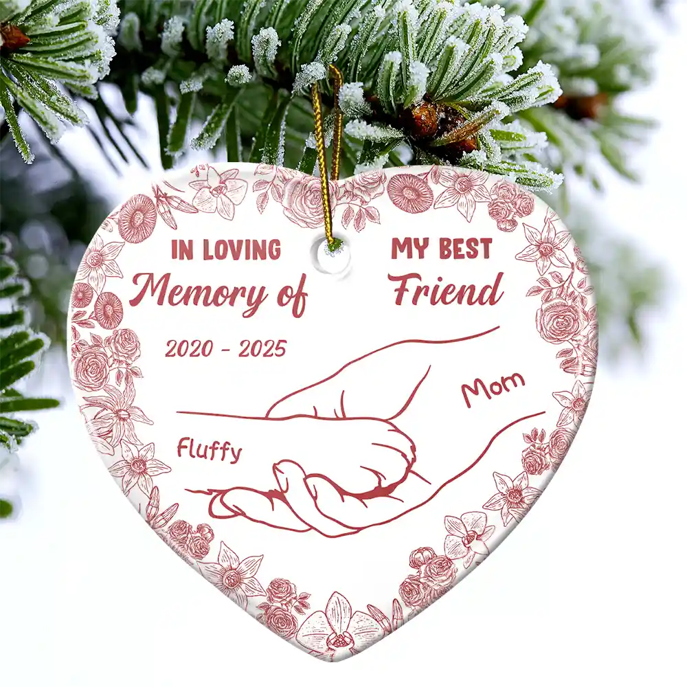 Forever Loved Hand In Paw Toile Style - Personalized Heart Ceramic Ornament - Image 4