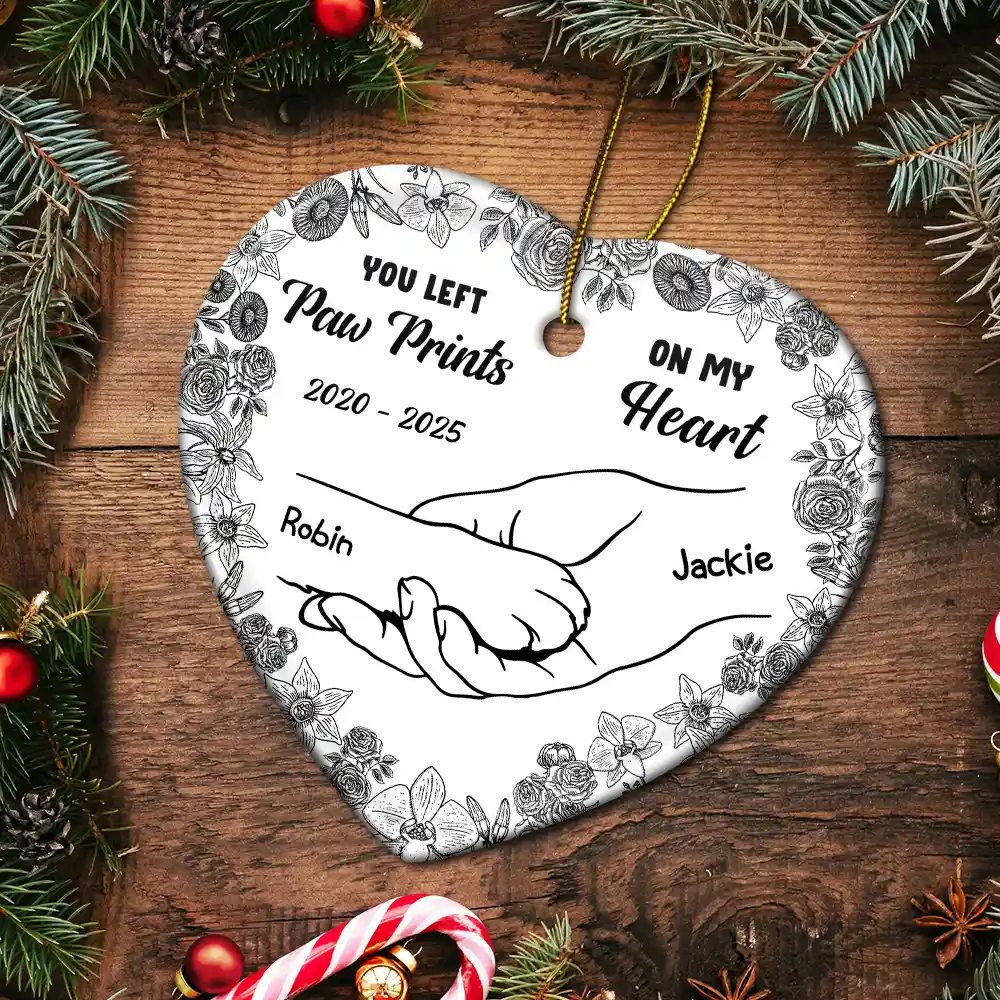 Forever Loved Hand In Paw Toile Style - Personalized Heart Ceramic Ornament - Image 5