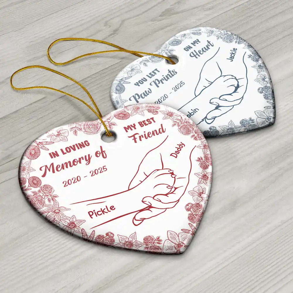 Forever Loved Hand In Paw Toile Style - Personalized Heart Ceramic Ornament - Image 6