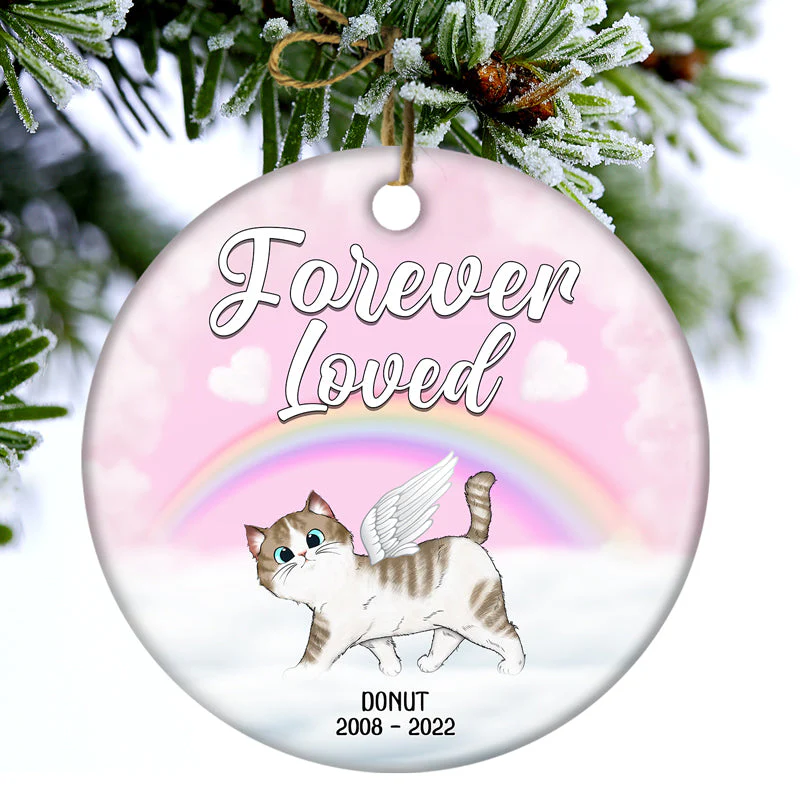 Forever Loved - Memorial Gift For Cat Lovers - Personalized Custom Circle Ceramic Ornament - Image 3