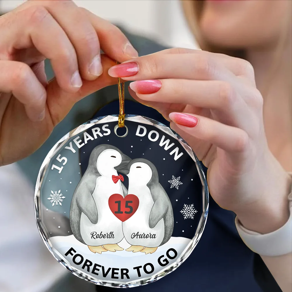Forever To Go Penguin Couple - Personalized Circle Glass Ornament - Image 4