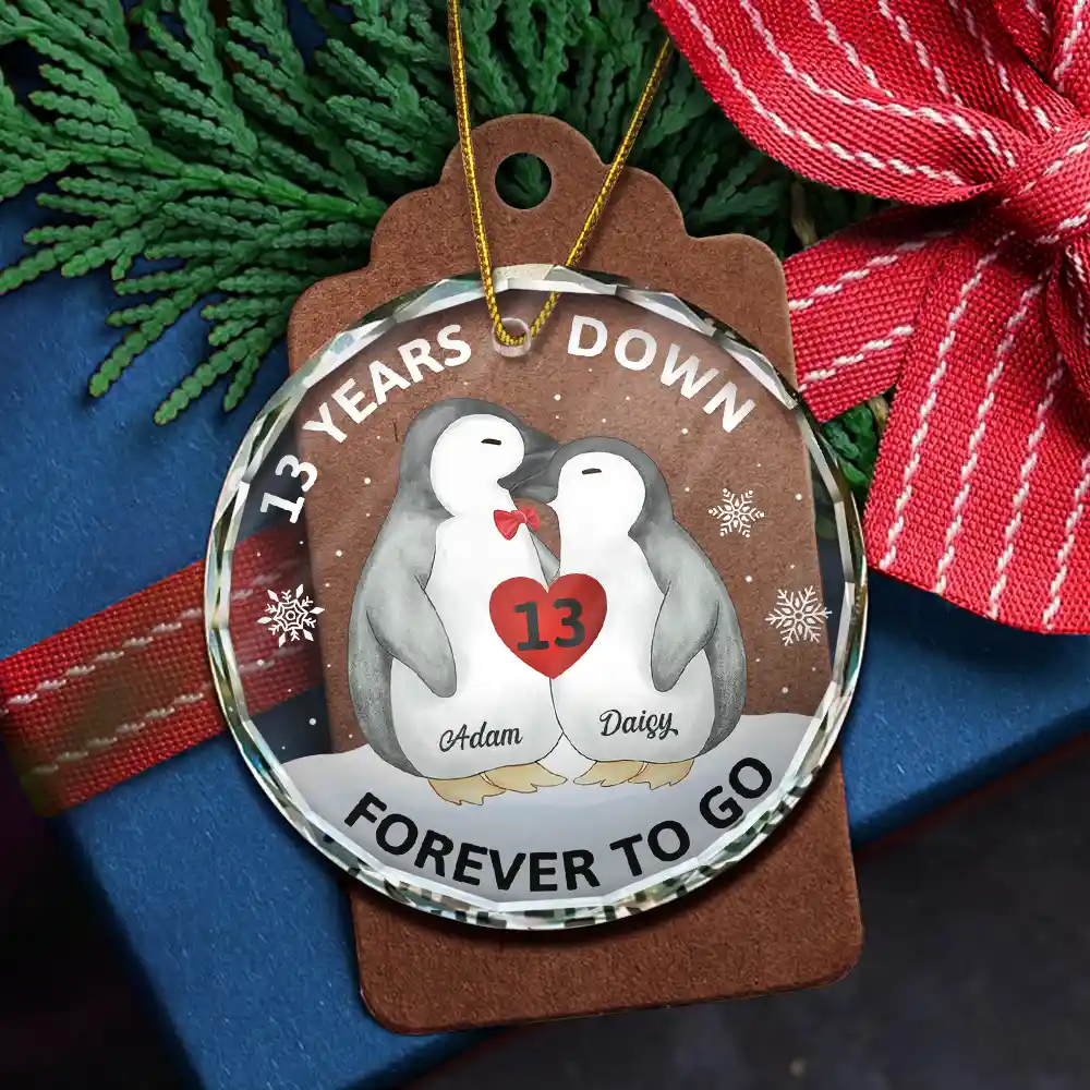 Forever To Go Penguin Couple - Personalized Circle Glass Ornament - Image 5