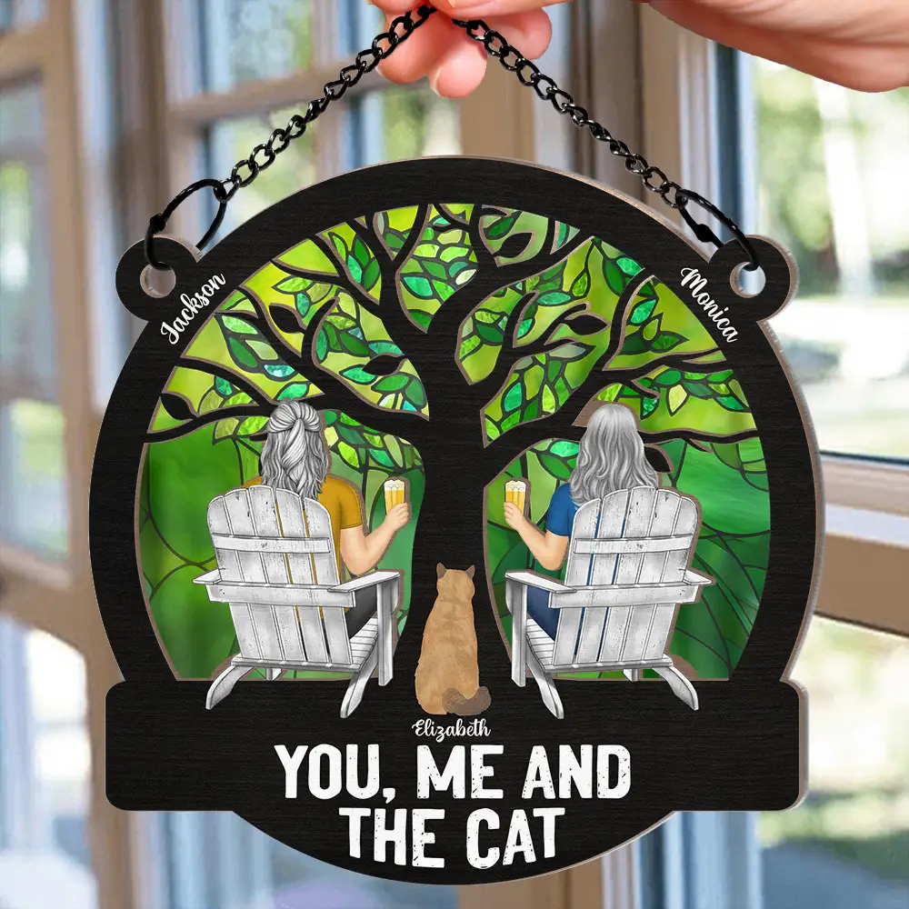 Four Seasons You, Me And The Cat - Personalized Window Hanging Suncatcher Ornament - Image 2