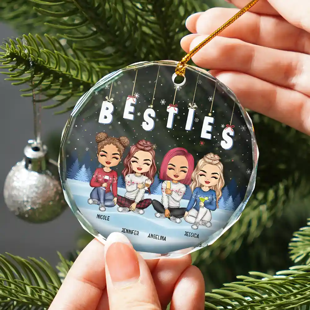 Friends Besties Sisters Brothers Sitting Together Chibi - Personalized Circle Glass Ornament - Image 2