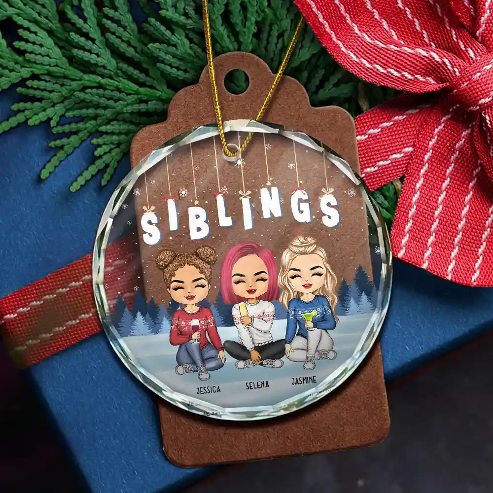 Friends Besties Sisters Brothers Sitting Together Chibi - Personalized Circle Glass Ornament - Image 5