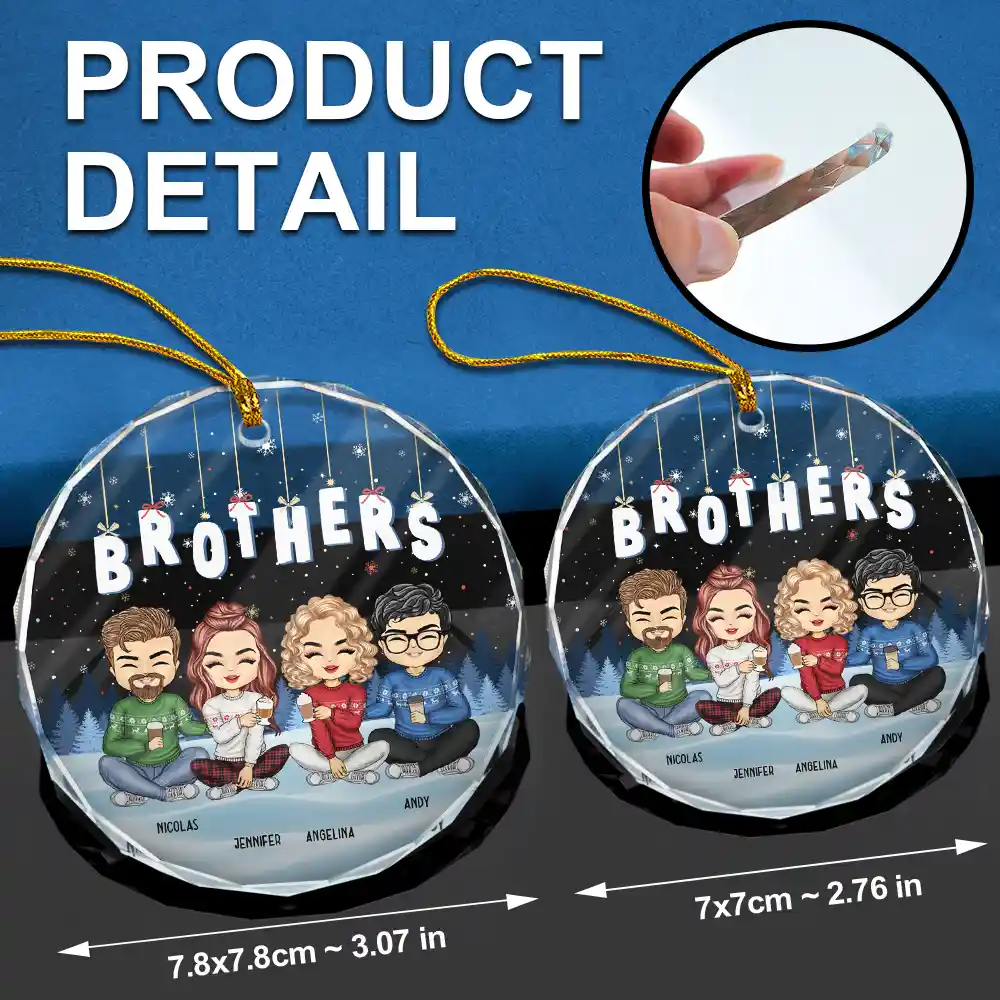 Friends Besties Sisters Brothers Sitting Together Chibi - Personalized Circle Glass Ornament - Image 6