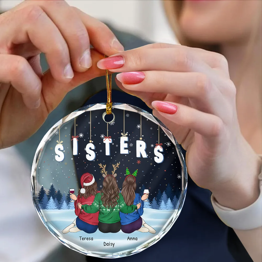 Friends Besties Sisters Brothers Sitting Together - Personalized Circle Glass Ornament - Image 4