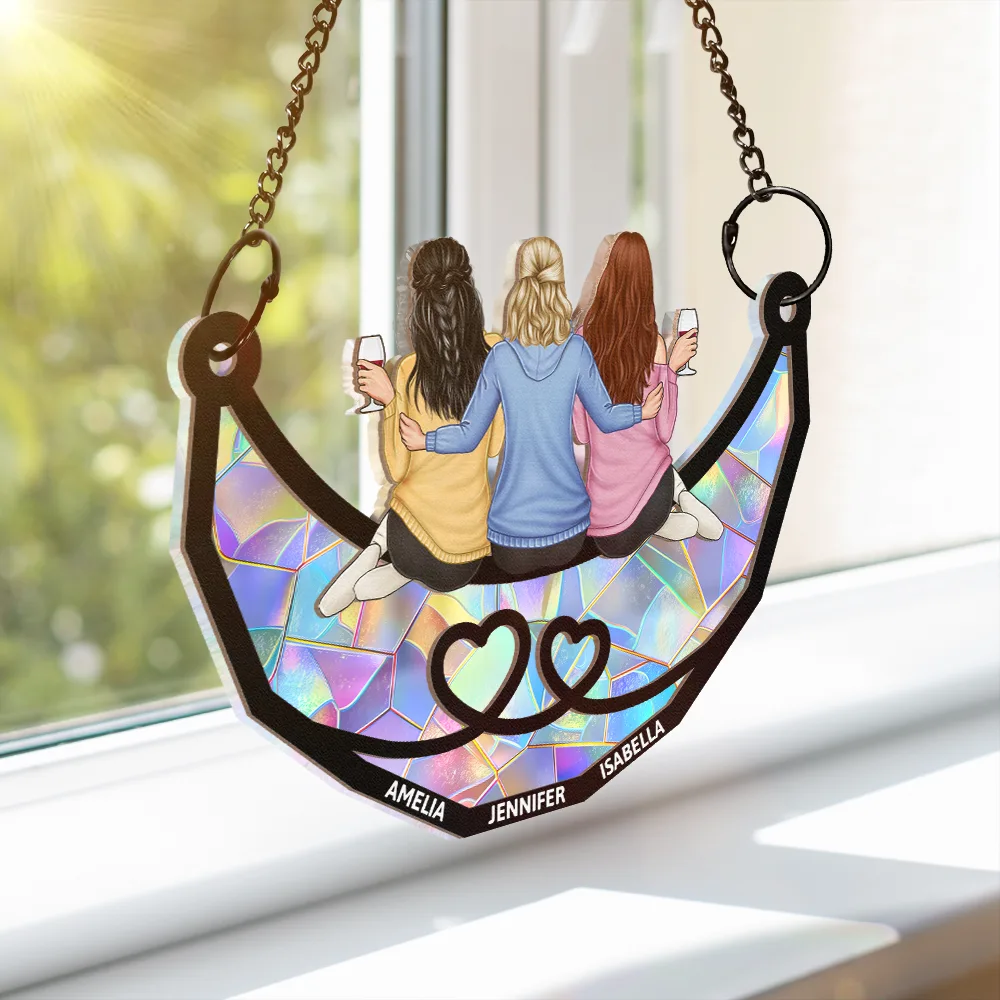 Friends Besties Sisters Brothers Sitting Together - Personalized Window Hanging Suncatcher Ornament - Image 3