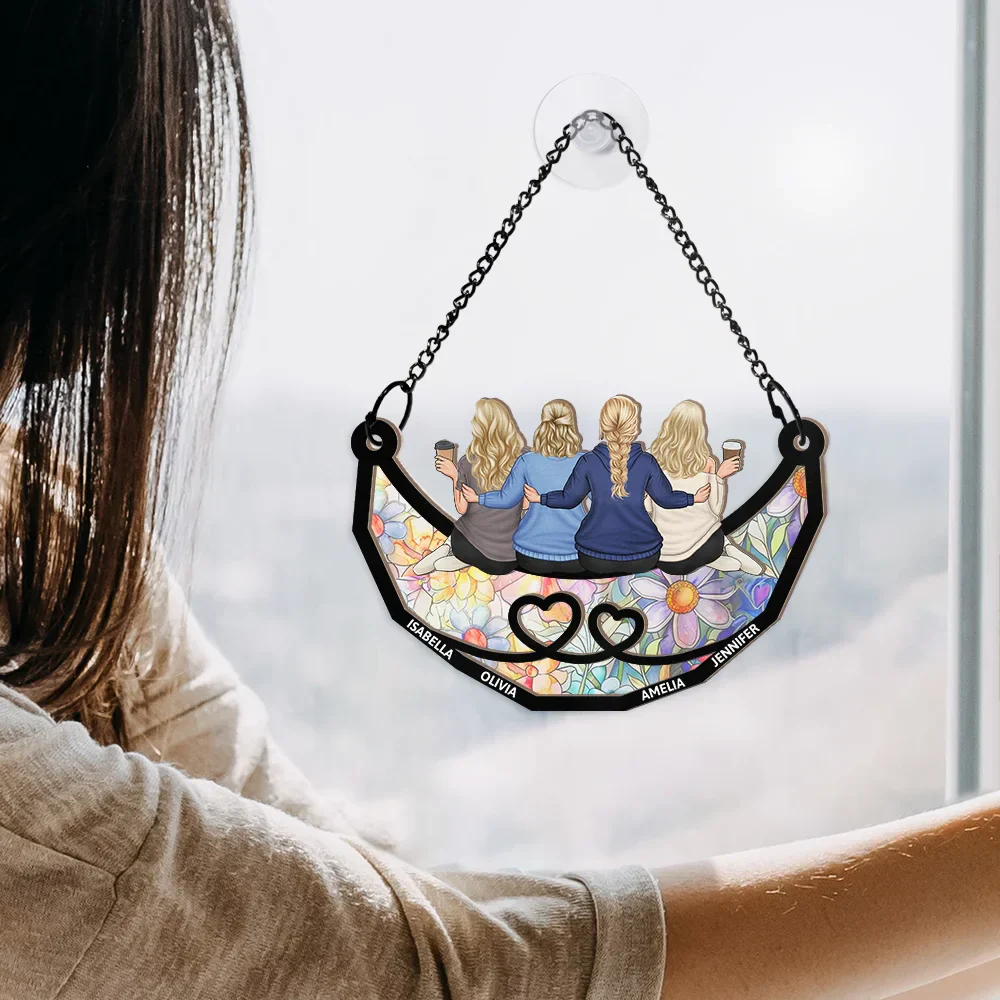 Friends Besties Sisters Brothers Sitting Together - Personalized Window Hanging Suncatcher Ornament - Image 4