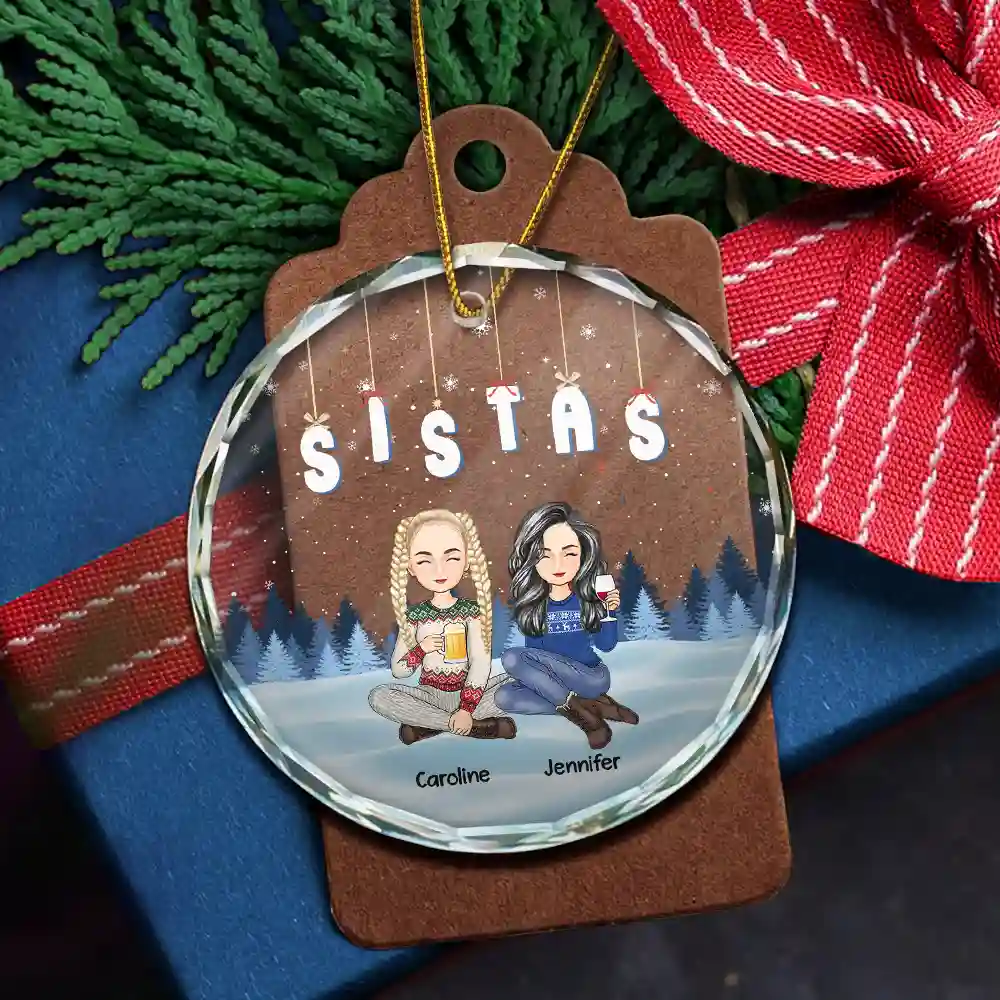 Friends Besties Sisters Sitting Together Cartoon - Personalized Circle Glass Ornament - Image 5