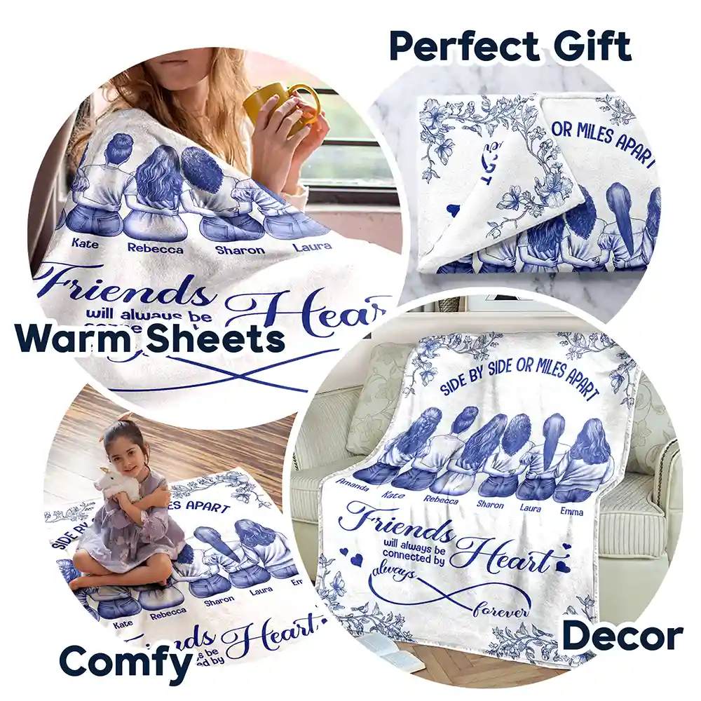 Friends Sisters Will Always Be Connected By Heart Chinoiserie Toile Besties - Personalized Fleece Blanket, Sherpa Blanket - Image 7