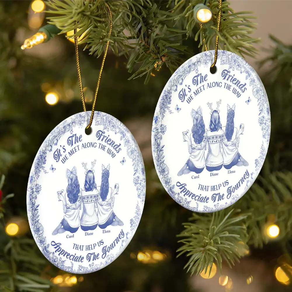 Friends We Meet Along The Way Toile De Jouy Besties - Personalized Circle Ceramic Ornament - Image 2