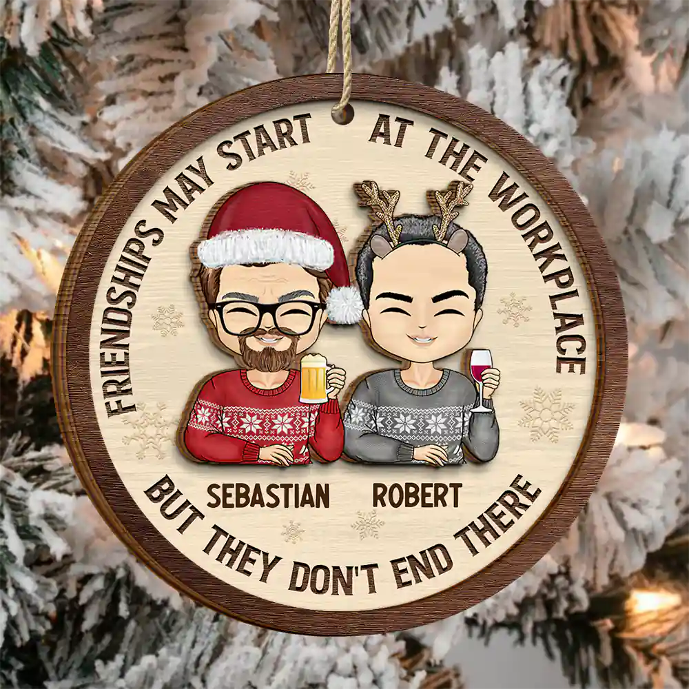 Friendships May Start At The Workplace Christmas Chibi - Personalized 2-Layered Wooden Ornament - Image 3