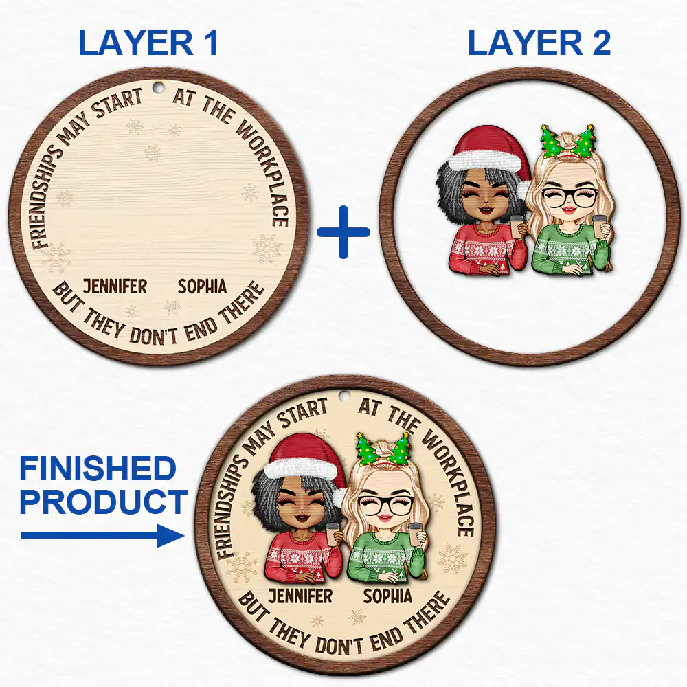 Friendships May Start At The Workplace Christmas Chibi - Personalized 2-Layered Wooden Ornament - Image 6