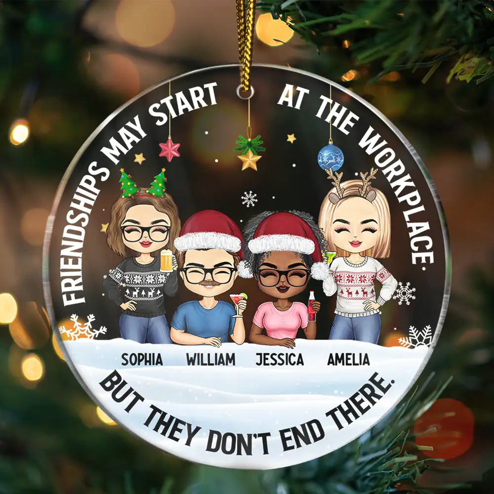 Friendships May Start At The Workplace Christmas Colleagues Chibi - Personalized Circle Acrylic Ornament - Image 3